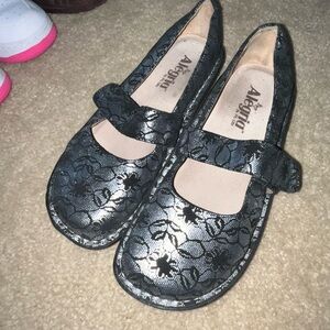 Alegria Black Mary Jane Dress Shoes with Floral Pattern